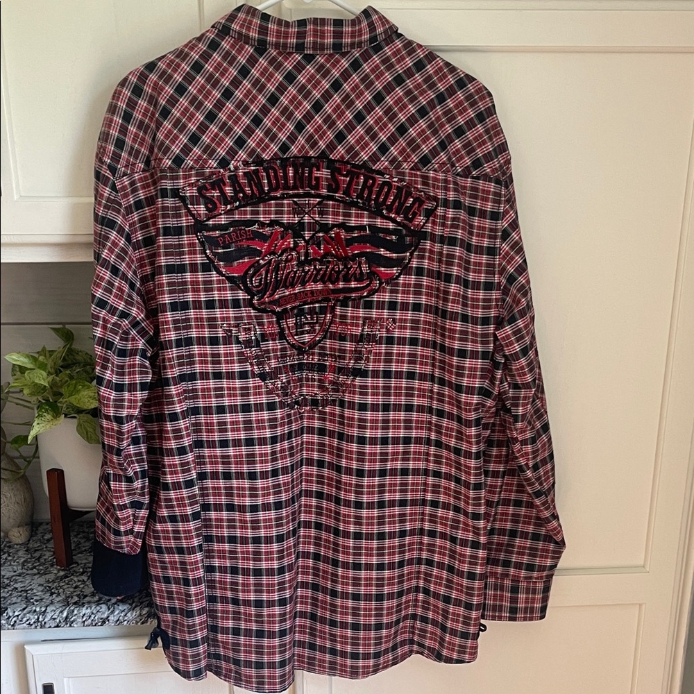Parish Nation Mens Red Black Plaid Button Down Shirt Standing Strong XXL